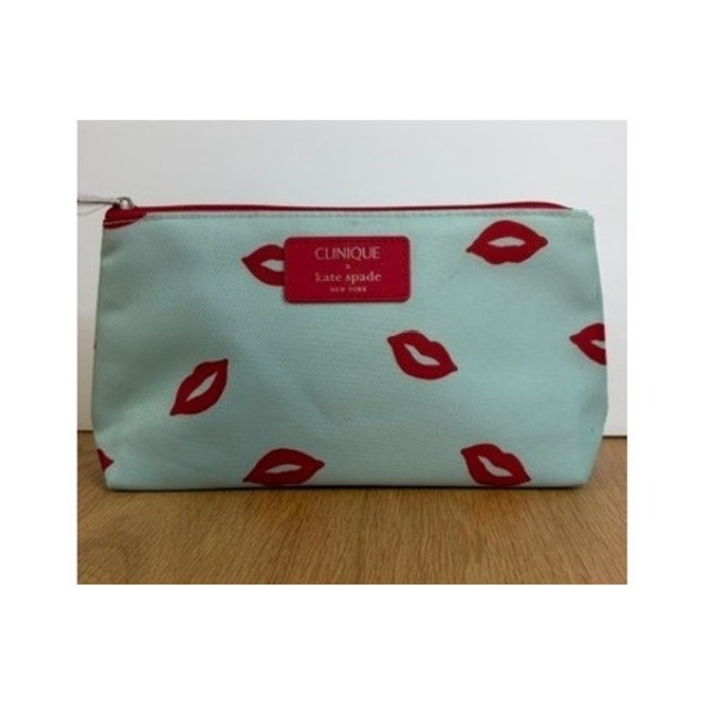 Clinique Kate Spade Makeup Bag Women Small Light Blue Good Red Lip Print Pouch